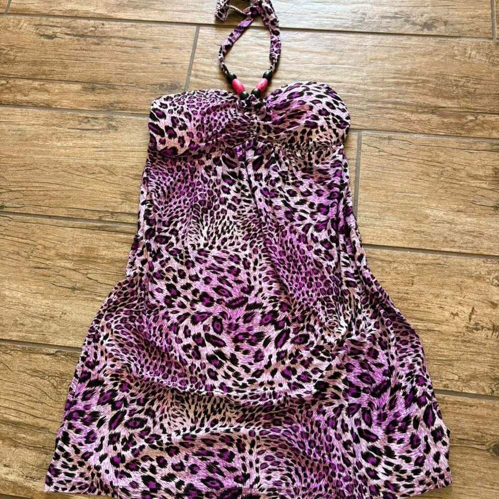 Cristinalove Pink Leopard Beaded Halter Top